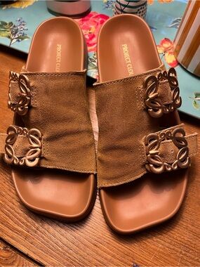 Project Cloud Tan Suede Double-Buckle Slide Sandals